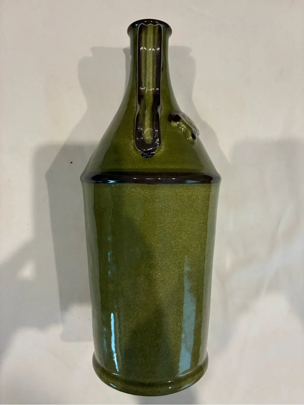 Neiman Marcus Olive Green Glazed Ceramic Vase Base w/Grappa on Front of Vessel